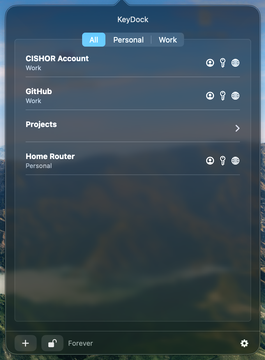 KeyDock menu-bar vault with folders and private entries